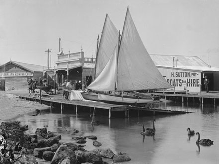 Boats for hire, H. Sutton's Boatshed at the Barrack Street jetty, 1906. Battye Library [009647PD]