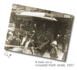 Image: A tram on a crowded Perth street, 1907